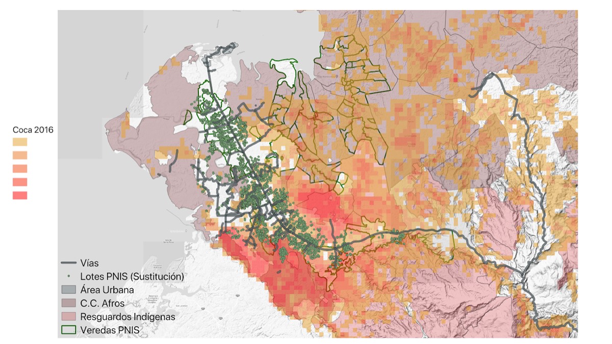 Map of 2016 coca crops with PNIS plots and veredas, roads, urban areas, Indigenous reserves and Afro-Colombian community councils