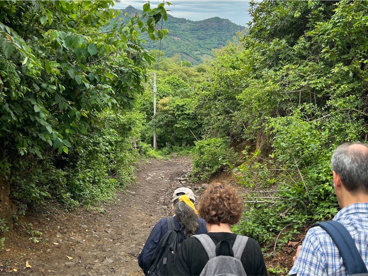 Equipo de evaluación caminando por un sendero rural durante una visita de campo